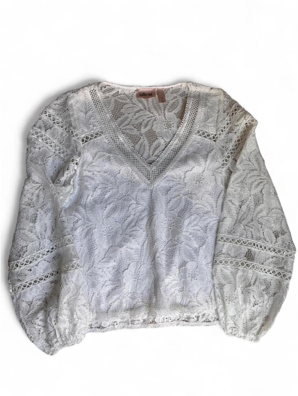 Willow & Root White Floral Lace Top Small Bohemian Balloon Sleeve Blouse